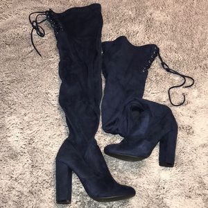 Navy blue thigh high heeled boots